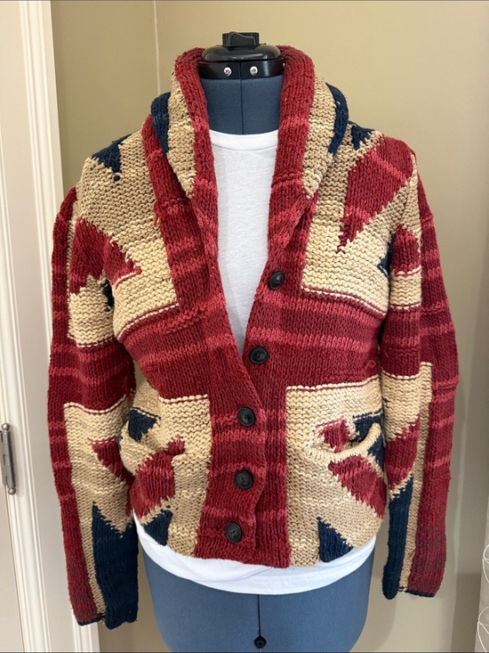 Ralph Lauren Sweaters - Ralph Lauren Red Cream & Navy Shawl Collar Cardigan